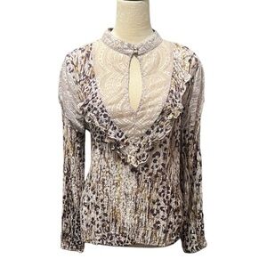 Gimmicks stretchy animal print gold metallic lace western top size L EUC